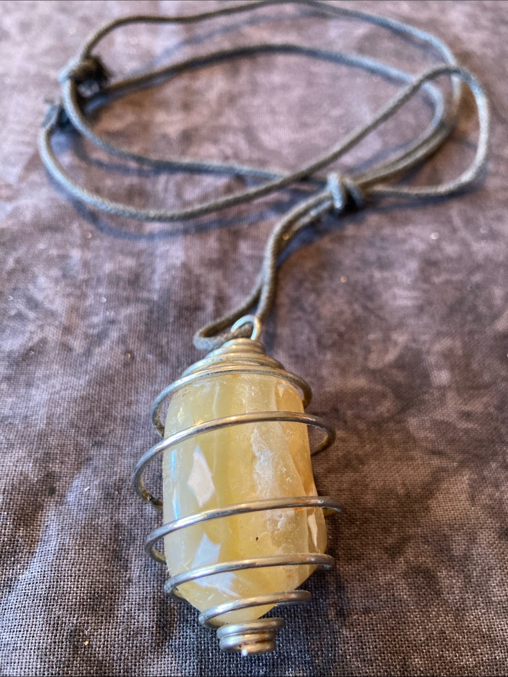 Yellow Stone Pendant Necklace on Cord- Natural Wrapped Design
